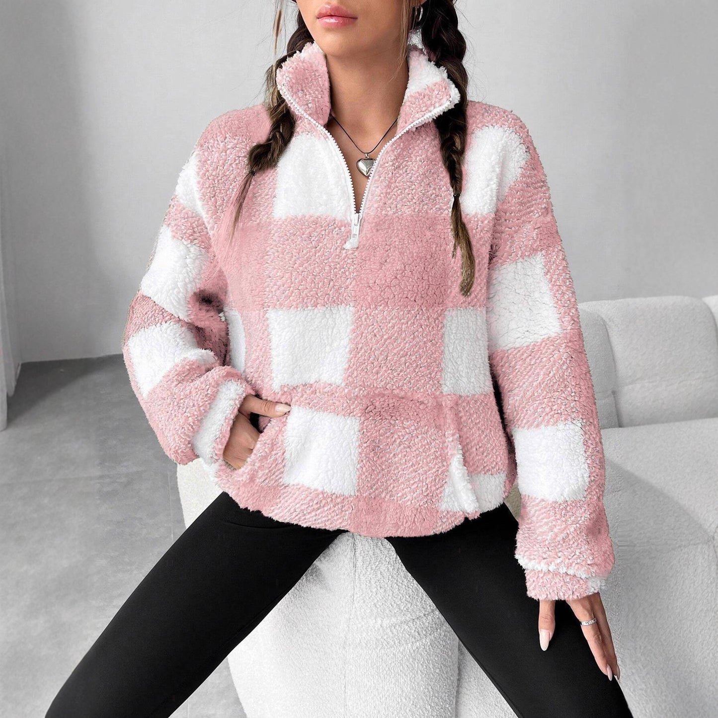Womens Checkered Sherpa Quarter Zip Fleece Pullover
