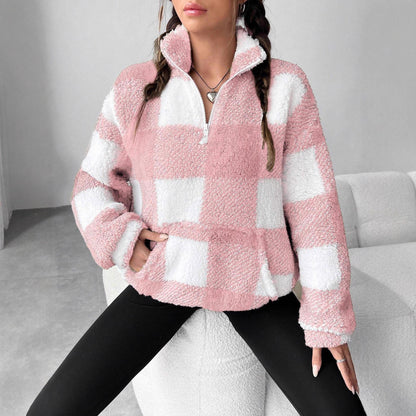 Womens Checkered Sherpa Quarter Zip Fleece Pullover