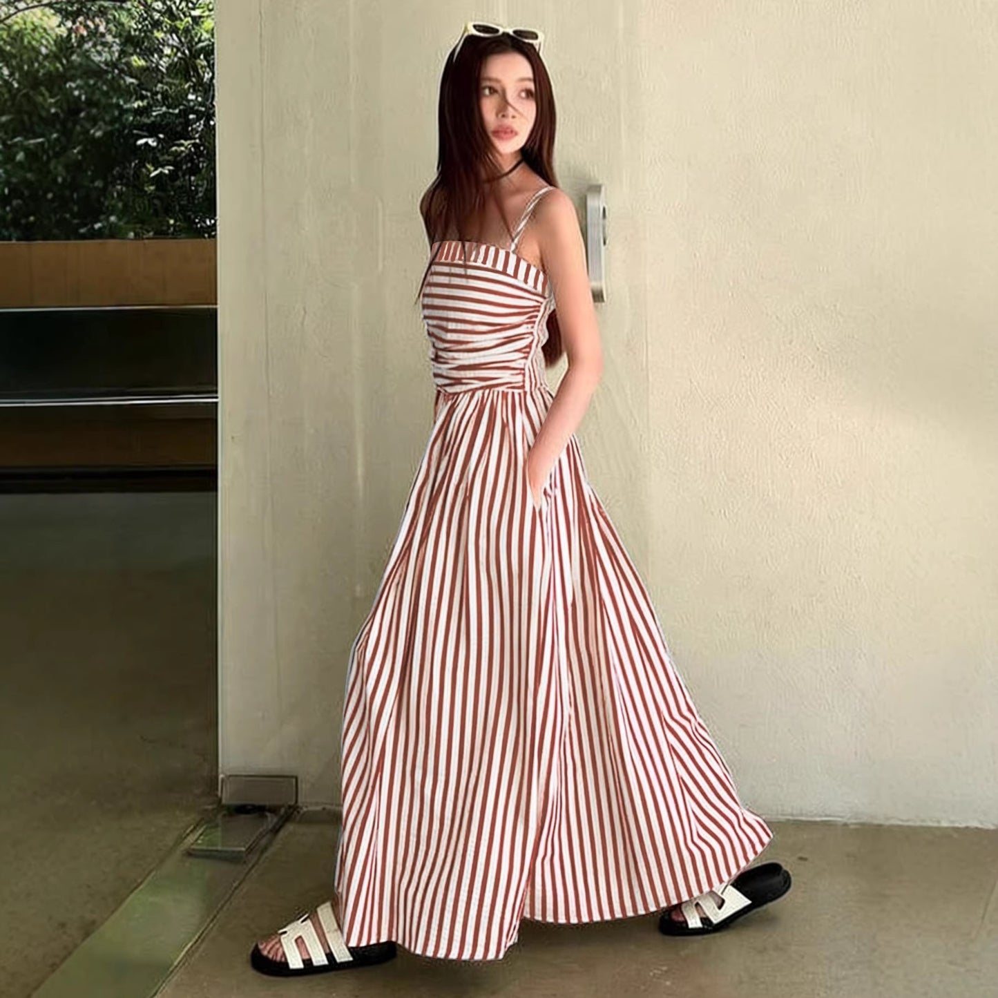 Striped Maxi Dress Smocked Spaghetti Strap Resort Dress