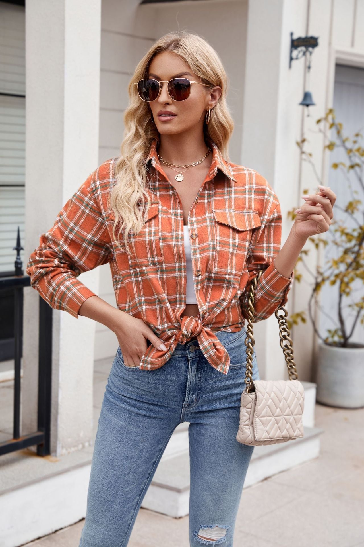 Women’s Casual Plaid Shirt with Pockets Loose Fit Fashion Top