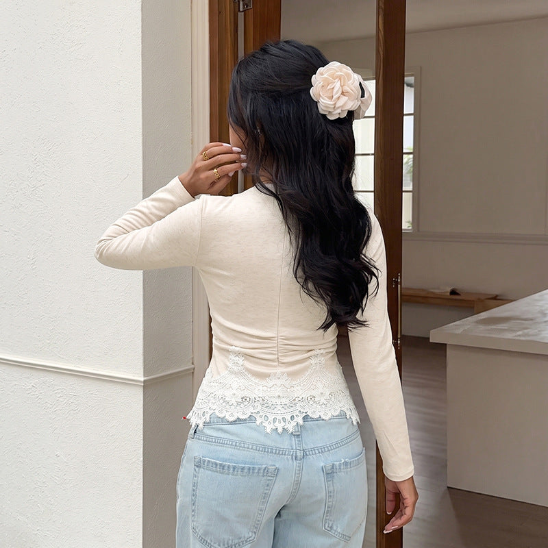 Lace Hem Long Sleeve Top Ruched Crew Neck Slim Fit