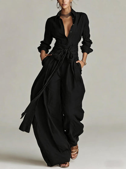 Women's Linen Blend Shirt High Waist Wide Leg Pants Set