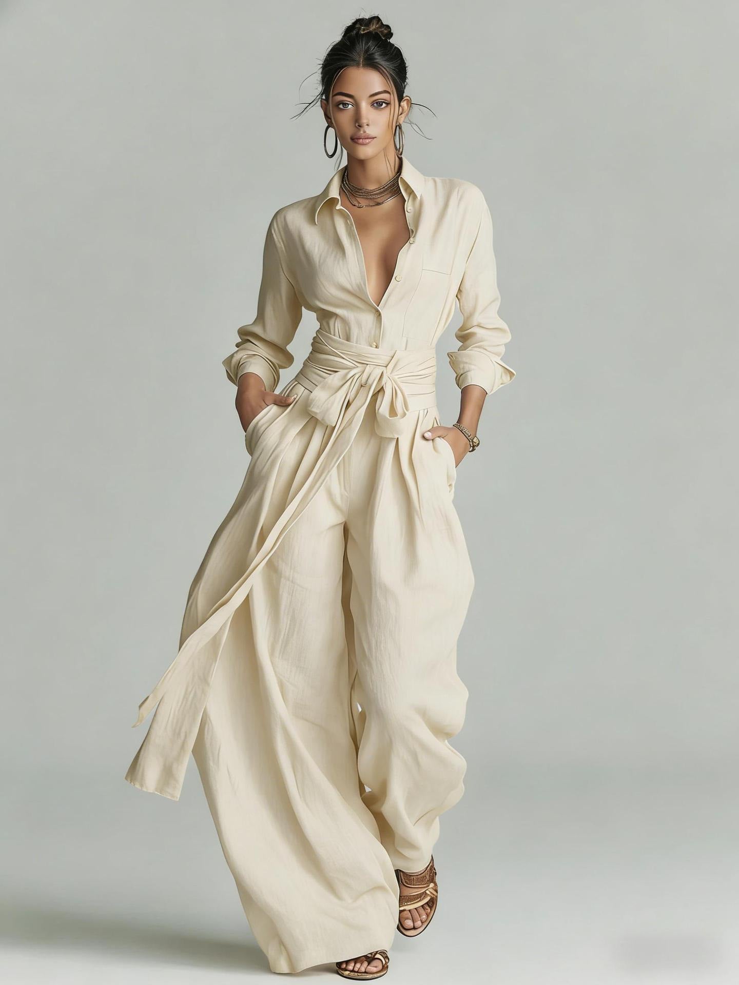 Tie Waist Wide Leg Jumpsuit Long Sleeve Solid Chic