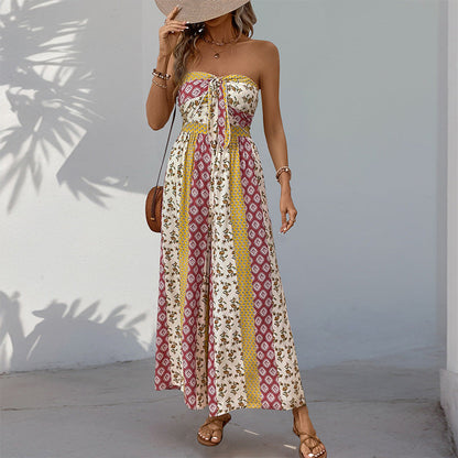 Boho Strapless Printed Wide Leg Jumpsuit Resort Romper