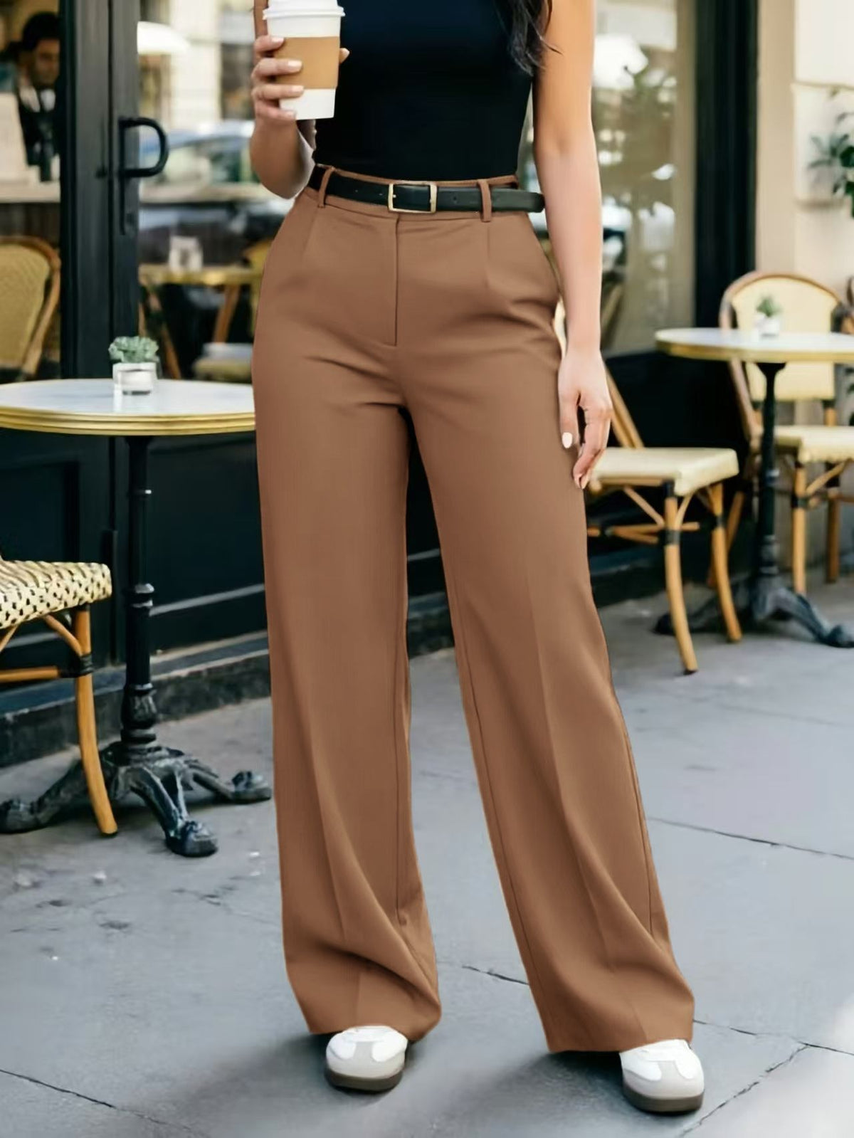 Women's Belted High Waist Wide Leg Dress Pants