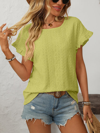 Women’s Eyelet Knit Crewneck Ruffle Sleeve Summer Top