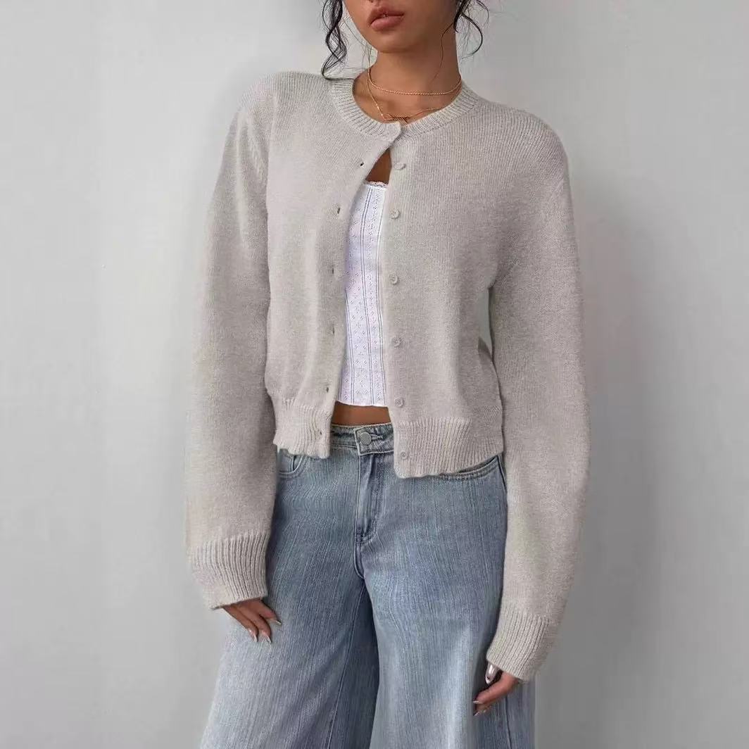 Women Cropped Knit Cardigan Long Sleeve Button Front Loose