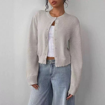 Women Cropped Knit Cardigan Long Sleeve Button Front Loose