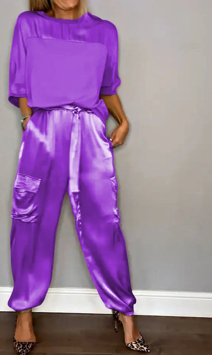 Women's Satin Two-Piece Jogger Set Short Sleeve Pockets