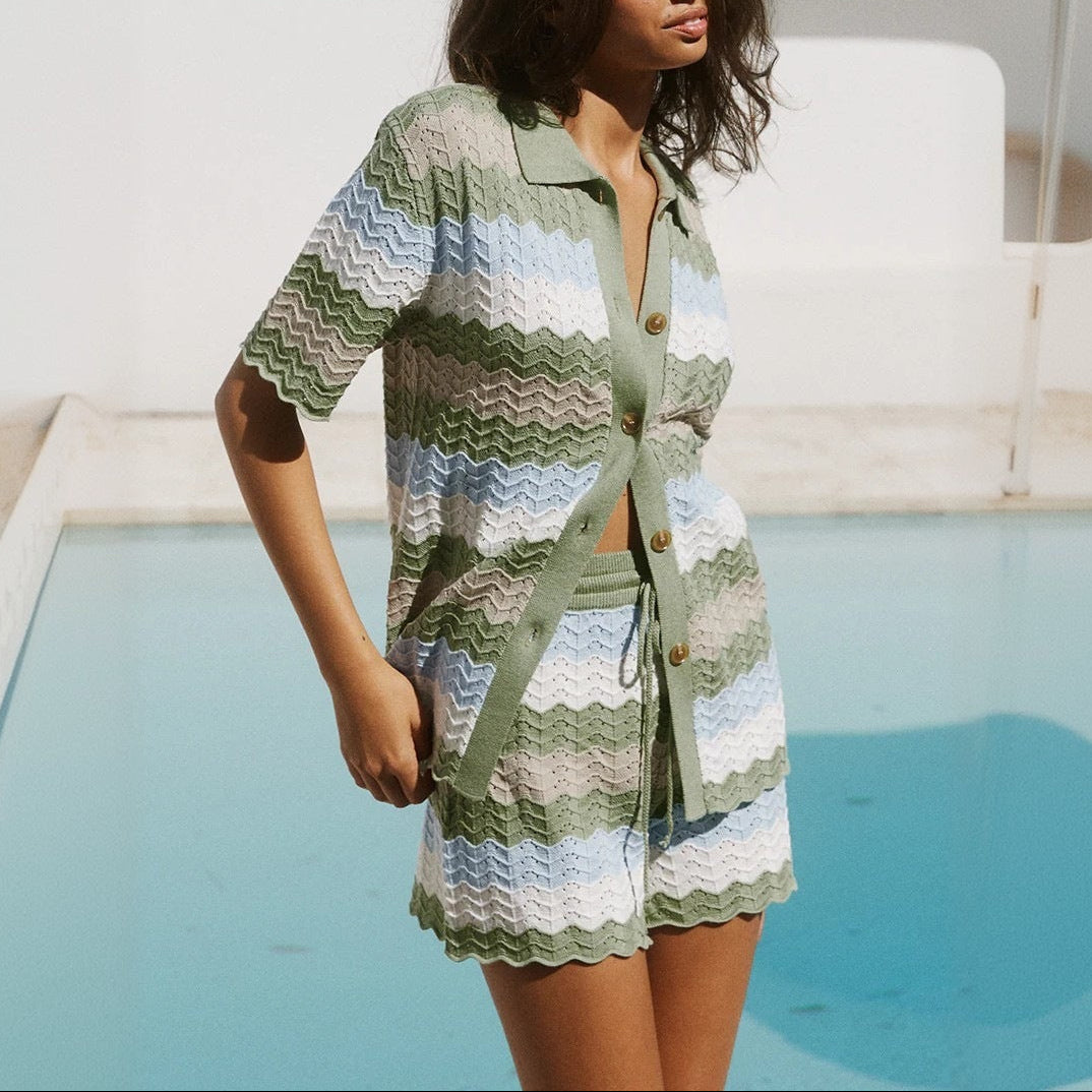 Women's Striped Crochet Beach Cover Up Shorts Set