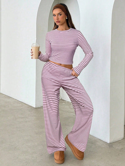 Brown Striped Long Sleeve Top & Wide Leg Pants Two-Piece Set