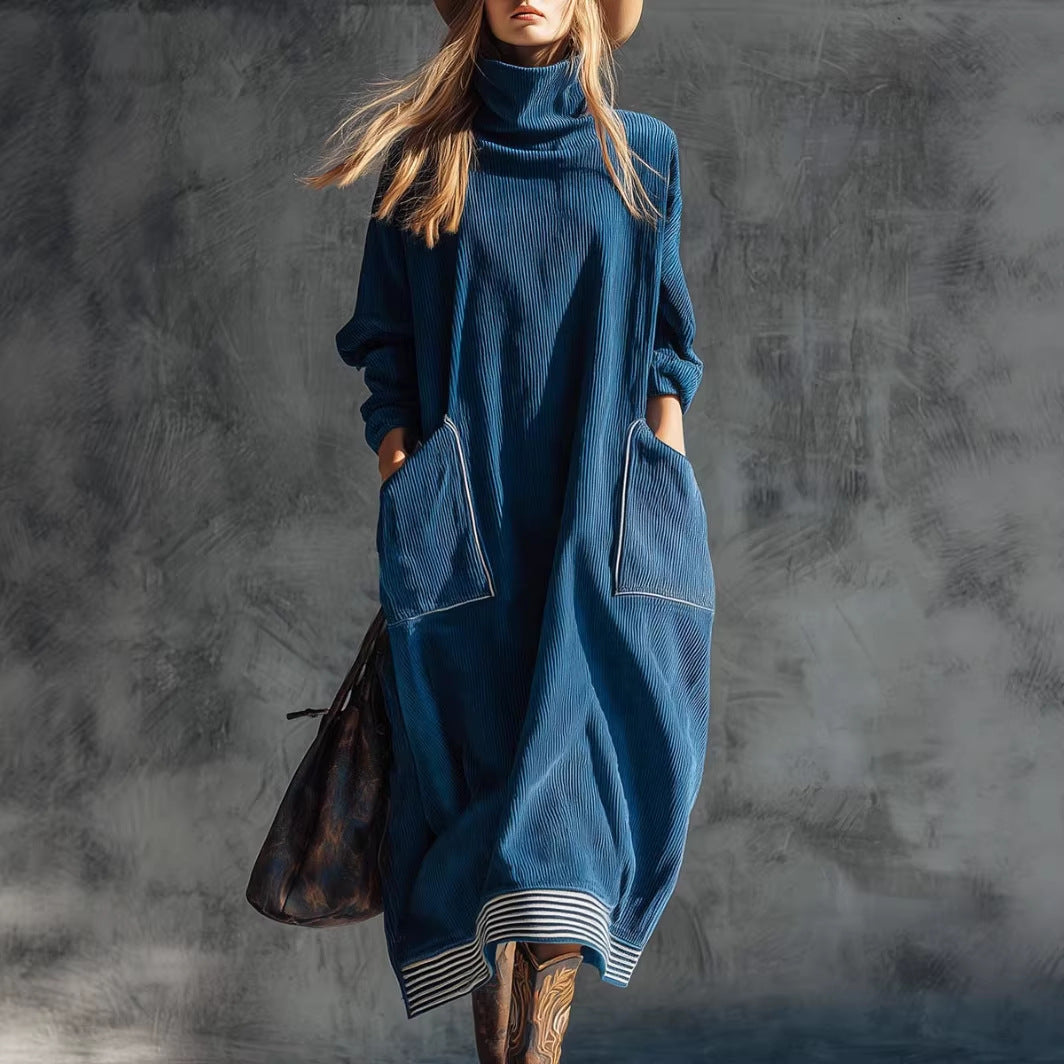 Women's Corduroy Turtleneck Maxi Dress Long Sleeve Pockets
