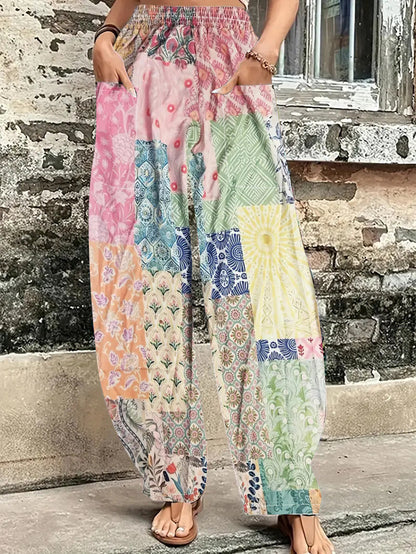 Women's Boho Printed Wide Leg Pants with Pockets