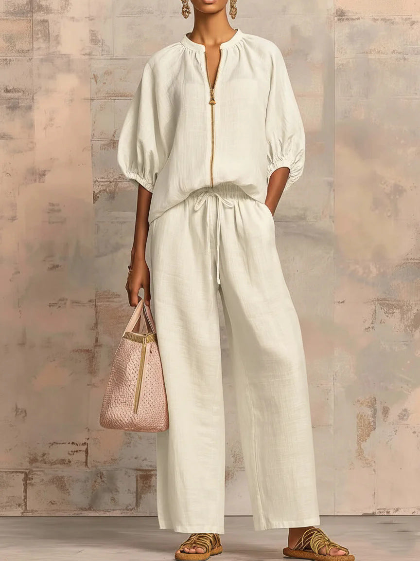 Women's Zip Front Bubble Sleeve Wide Leg Pants Set