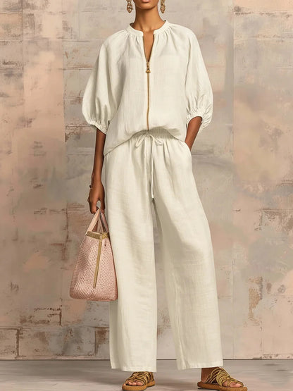 Women's Zip Front Bubble Sleeve Wide Leg Pants Set