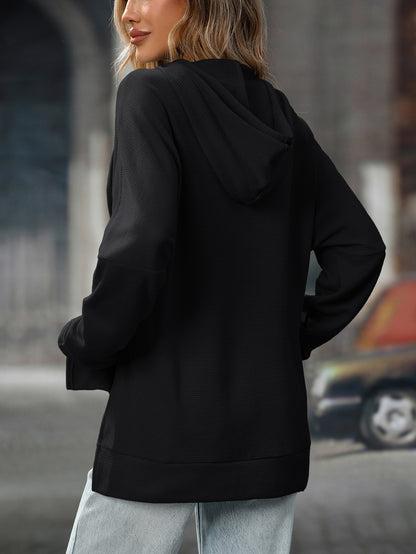 Black Waffle Knit Hoodie Pullover with Kangaroo Pocket