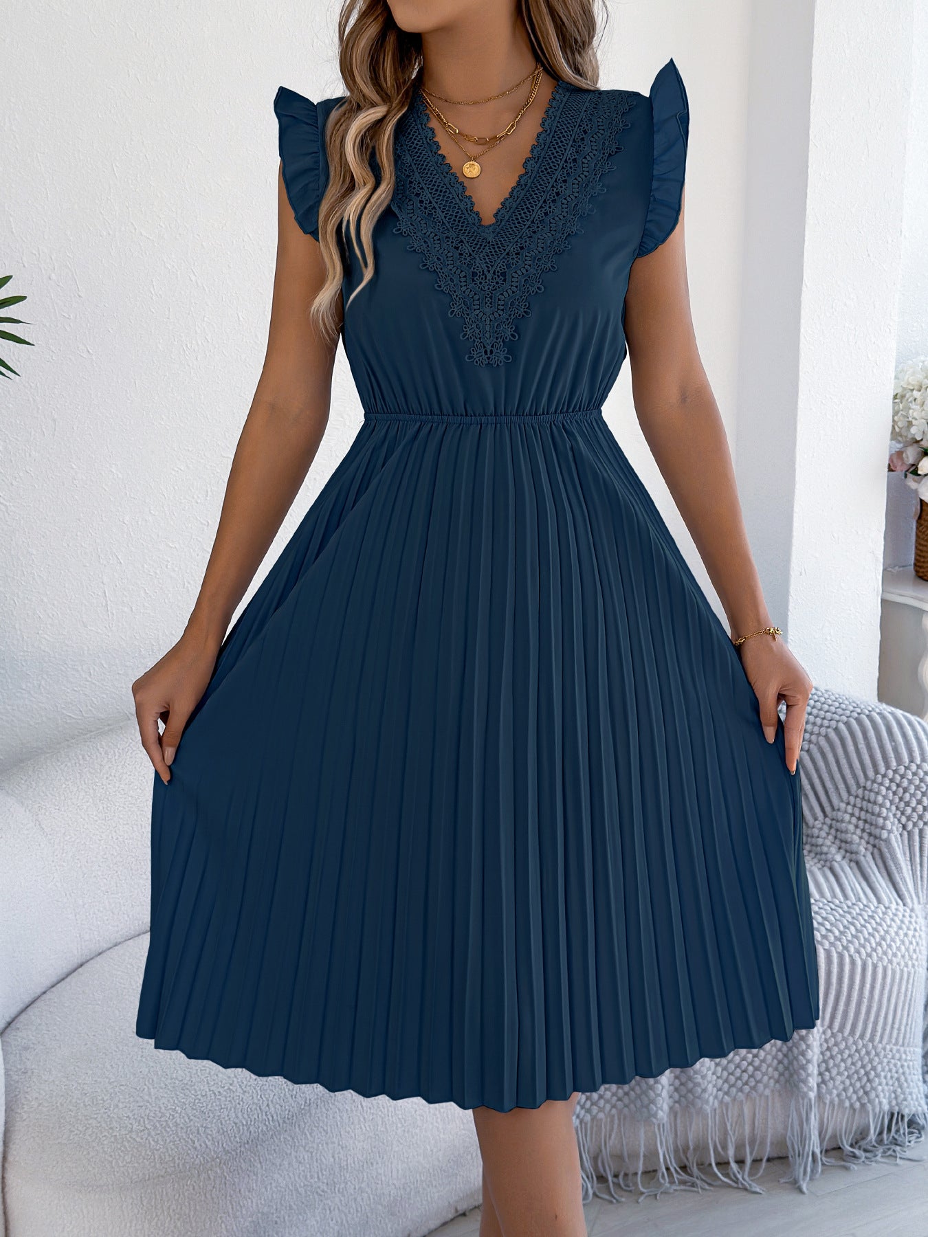 Lace V Neck Pleated Midi Dress with Ruffle Sleeves