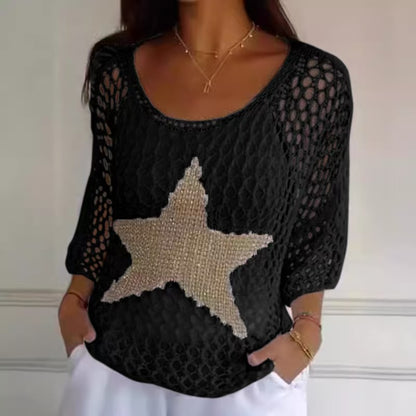 Women's Star Crochet Sweater 3/4 Sleeve Lightweight Top