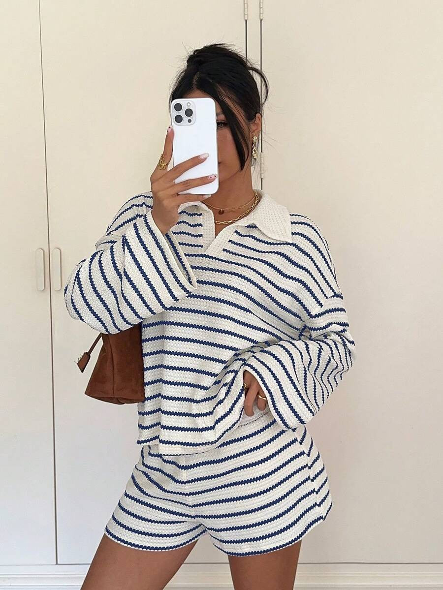 Striped Polo Lounge Set Long Sleeve Top & Shorts Set