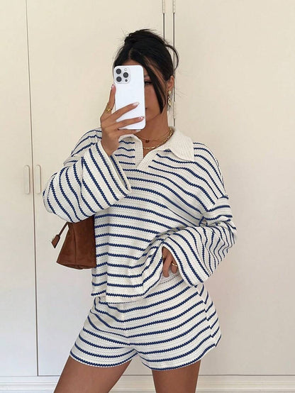 Striped Polo Lounge Set Long Sleeve Top & Shorts Set