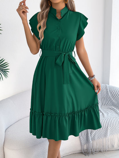 Tie Waist Ruffle Hem Midi Shirt Dress for Women