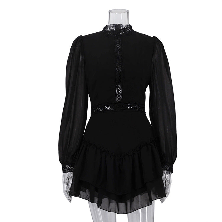 Black Chiffon Cutout Mini Dress Mock Neck Long Sleeve