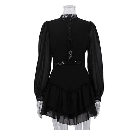 Black Chiffon Cutout Mini Dress Mock Neck Long Sleeve