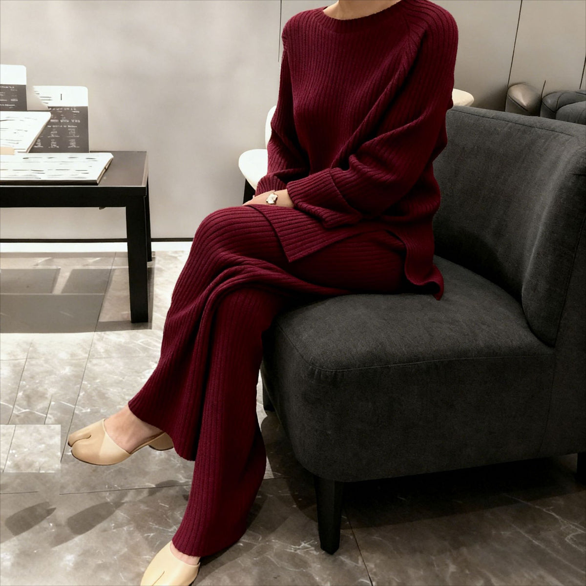 Women's Ribbed Knit Sweater Wide Leg Pants Set