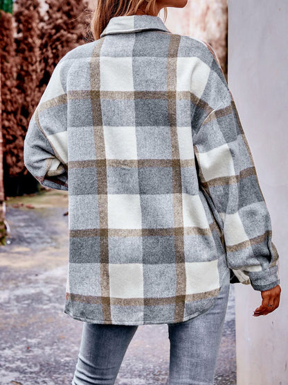 Plaid Flannel Shacket Button Front Pocket Oversized Jacket