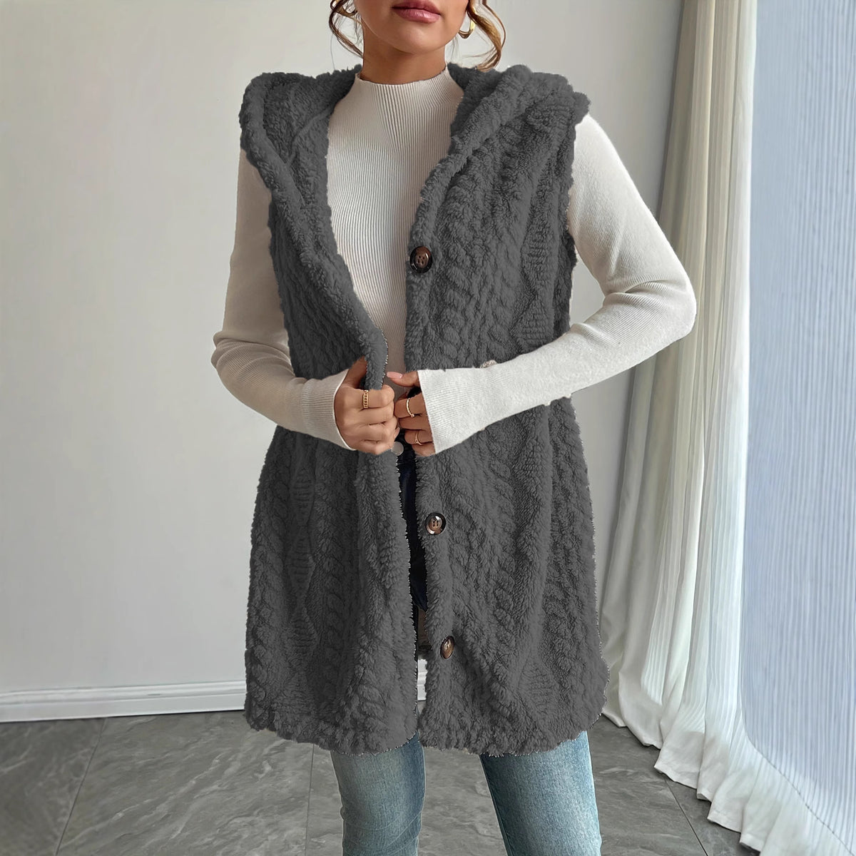 Women's Hooded Fleece Button Front Vest Cardigan