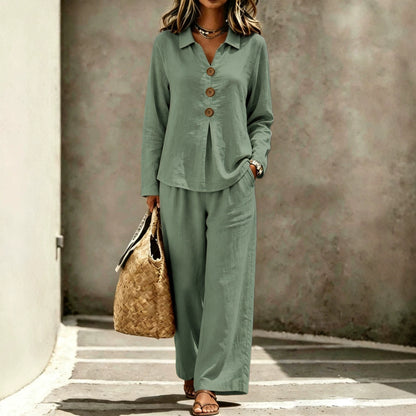 Womens Linen Button Shirt Wide Leg Pants Two Piece Set