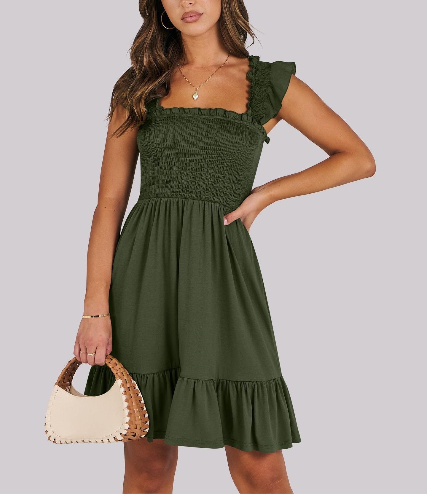 Smocked Square Neck Ruffle Sleeve Midi Dress