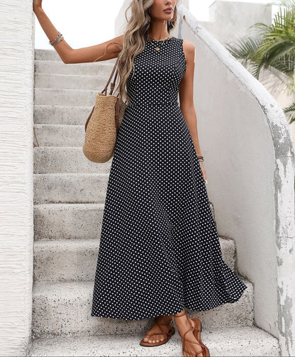 Women’s Polka Dot Sleeveless Maxi Dress Backless Summer