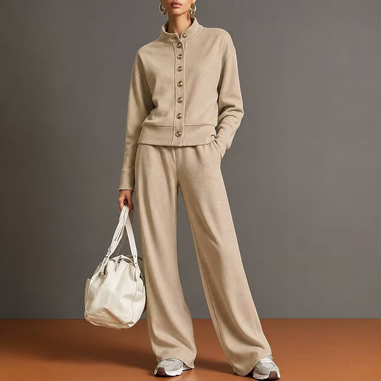 Women's Button Front Sweatshirt Wide Leg Pants Lounge Set