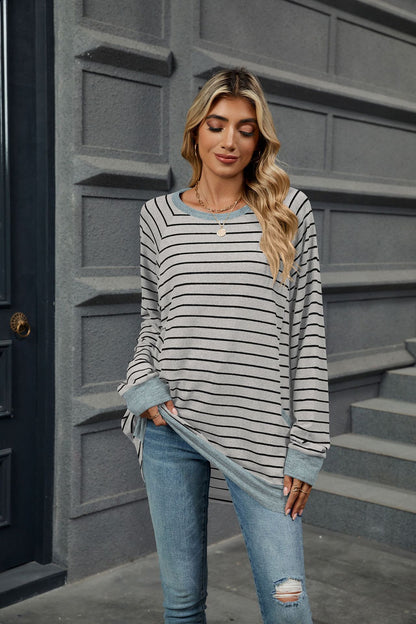 Women's Striped Color Block Long Sleeve Pocket Tunic