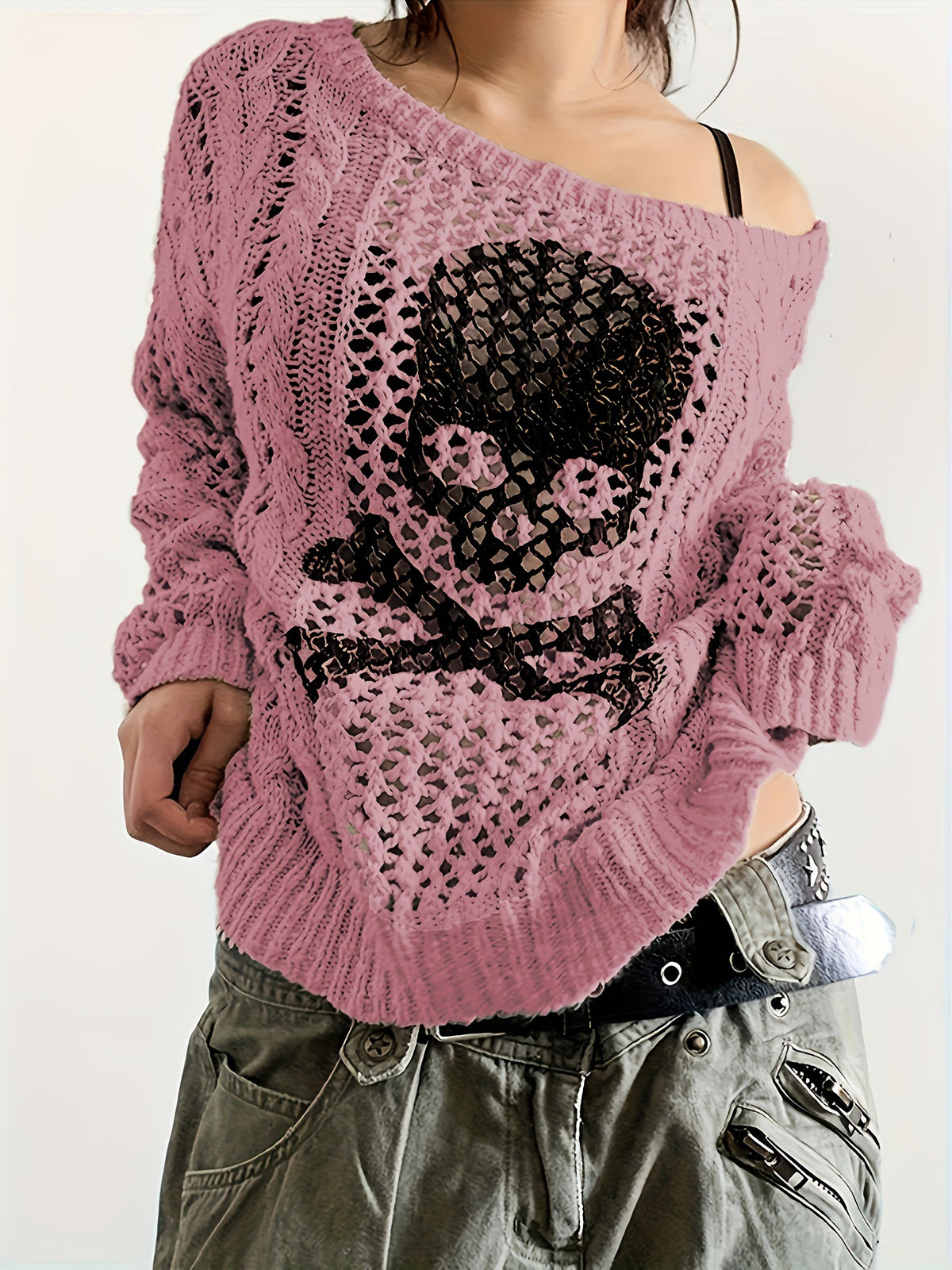 Y2K Gothic Skull Open Knit Oversized Sweater