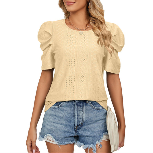 Textured Puff Sleeve Knit Top with Crew Neck