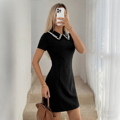 Beaded Collar Black Polo Mini Dress Casual Short Sleeve