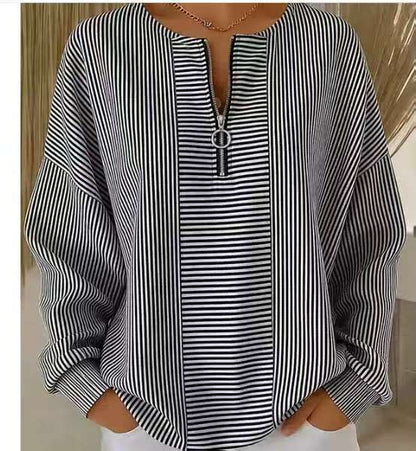 Women's Oversized Striped Half Zip Long Sleeve Top