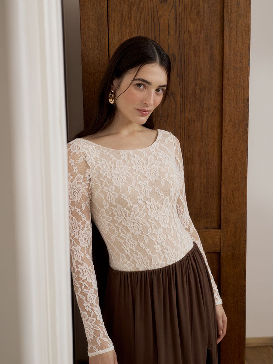 Sheer Lace Long Sleeve Top Fitted U Neck Blouse