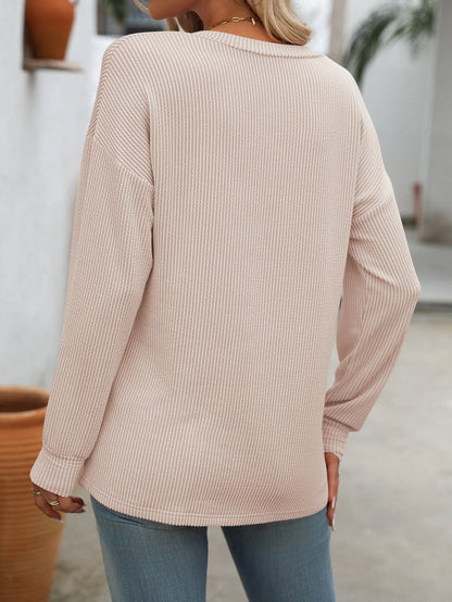 Women's V-Neck Ribbed Knit Long Sleeve Casual Top