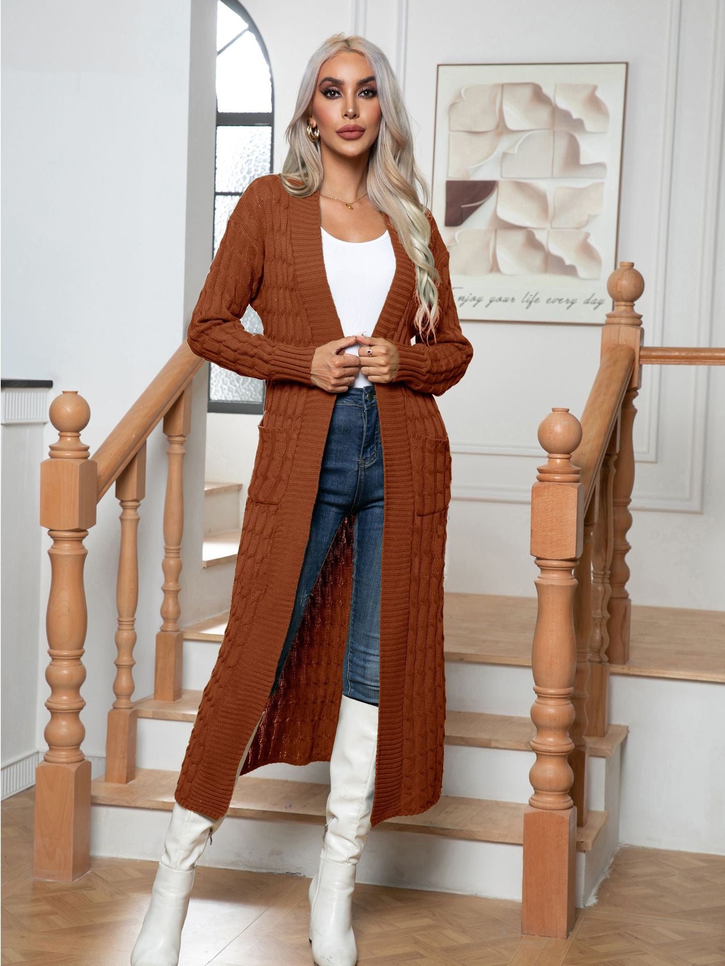 Women's Long Cable Knit Cardigan Open Front Pockets
