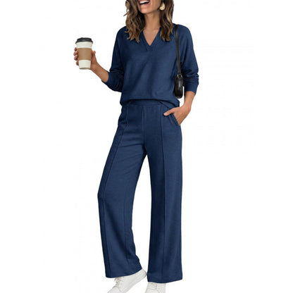 Women's V-Neck Top Wide Leg Pants 2 Piece Set
