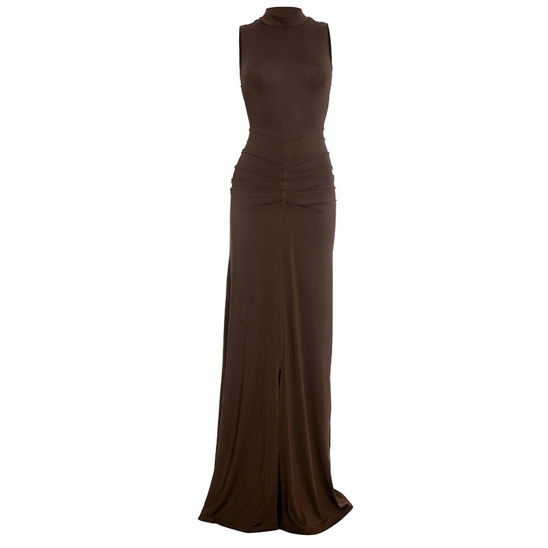 Women's Mock Neck Sleeveless Ruched Bodycon Maxi Dress