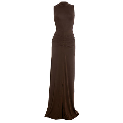 Women's Mock Neck Sleeveless Ruched Bodycon Maxi Dress