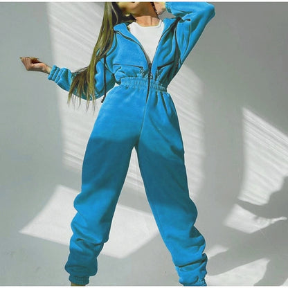 Women Hooded Zip Up Jumpsuit Long Sleeve Loungewear