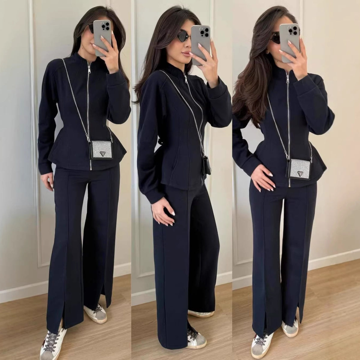 Women's 2 Piece Zip Up Cinched Waist Wide Leg Pants Set