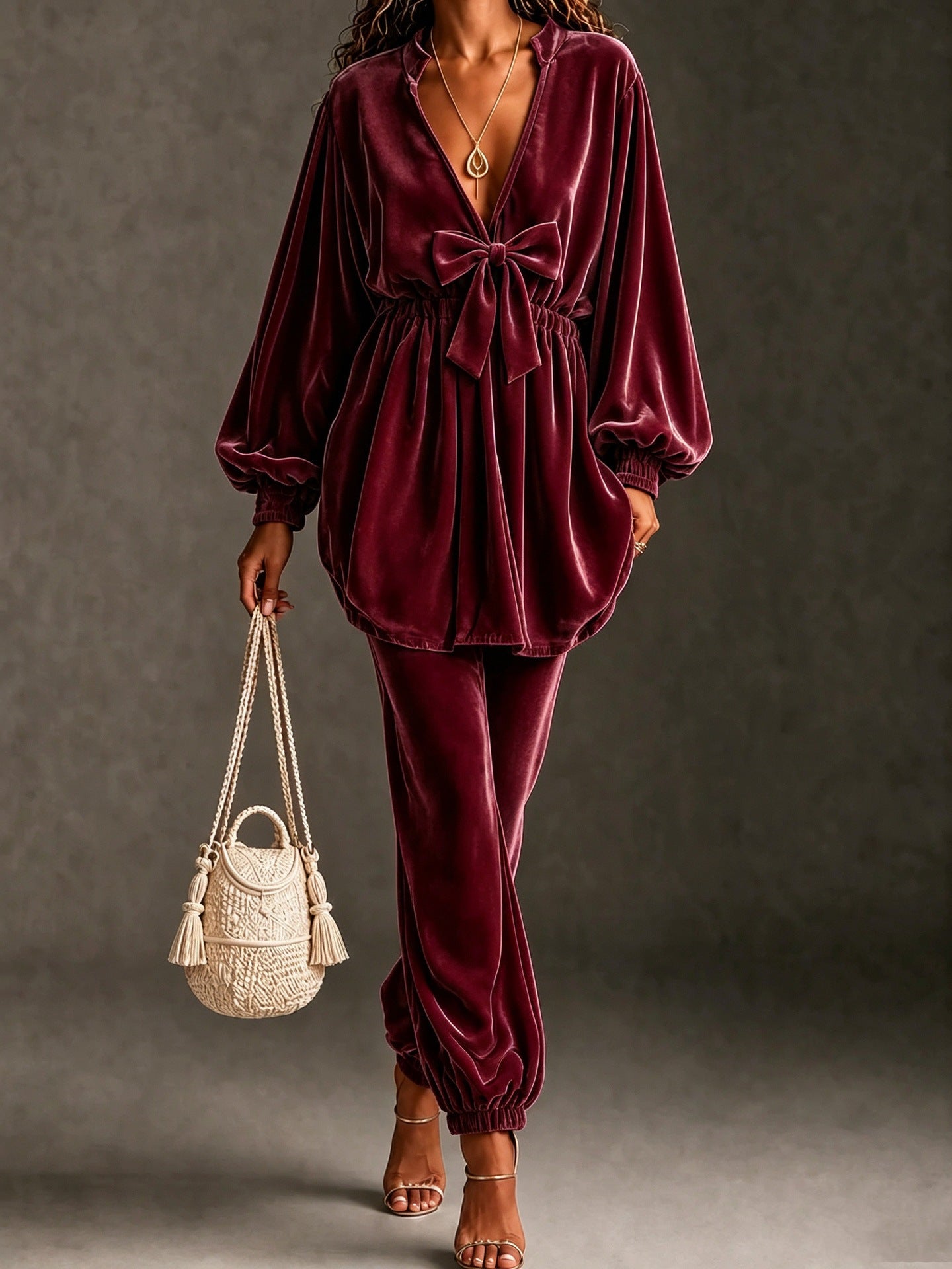 Velvet Bow Front Balloon Sleeve Jogger Set