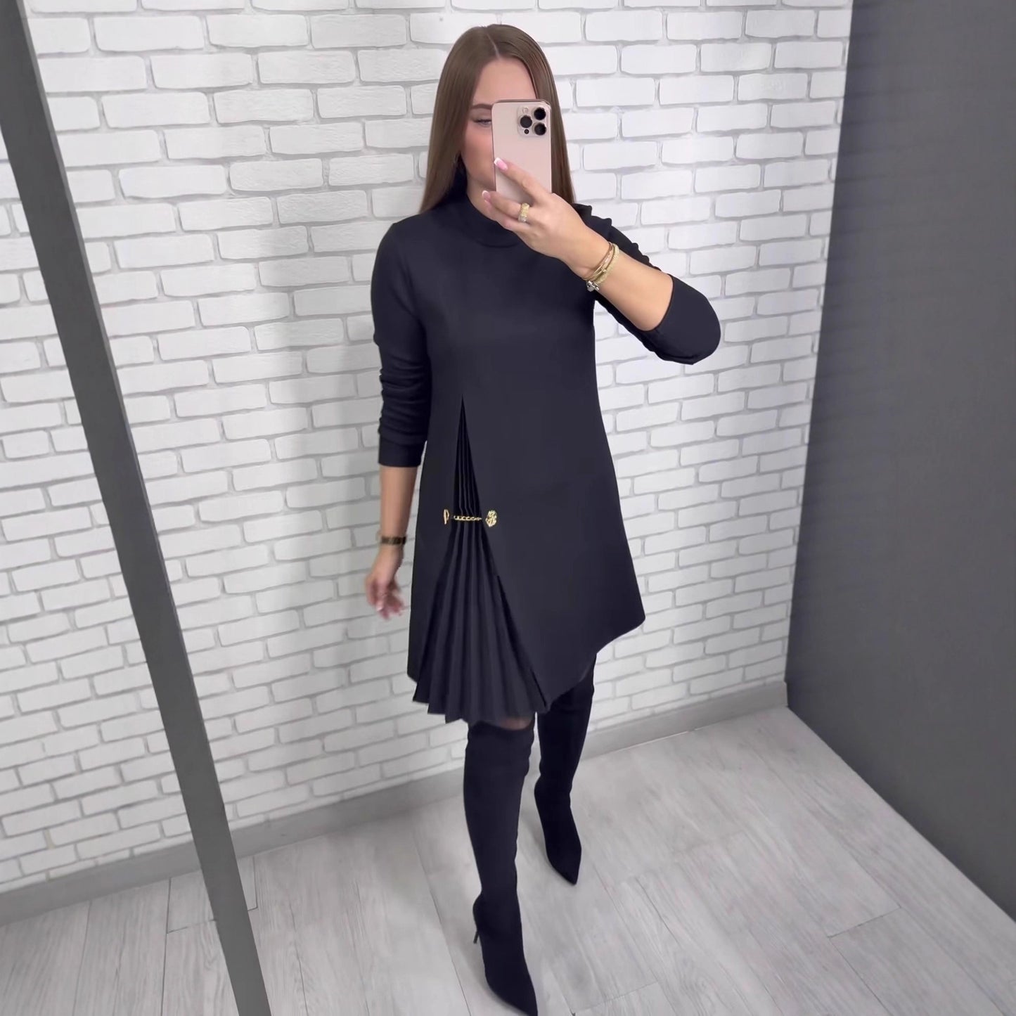 Black Mock Neck Long Sleeve Ruched Midi Dress