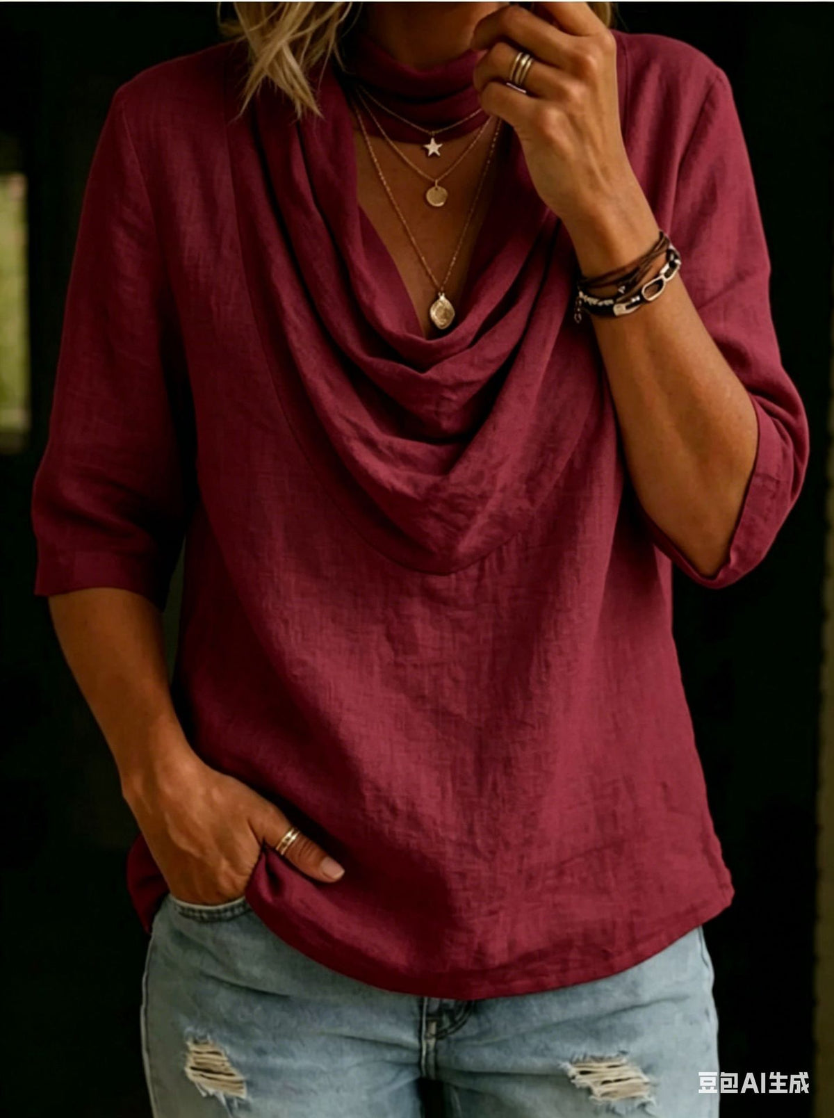 Women's Cowl Neck 3/4 Sleeve Casual Loose Blouse Top